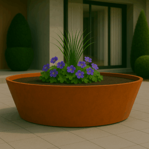 Cortenstaal plantenbak conisch rond (modulair aan te passen) 150 x 200 x 30 cm